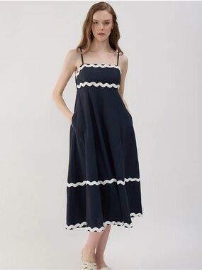 Sim & Sam Navy/White Midi A-Line Spaghetti Strap Dress.